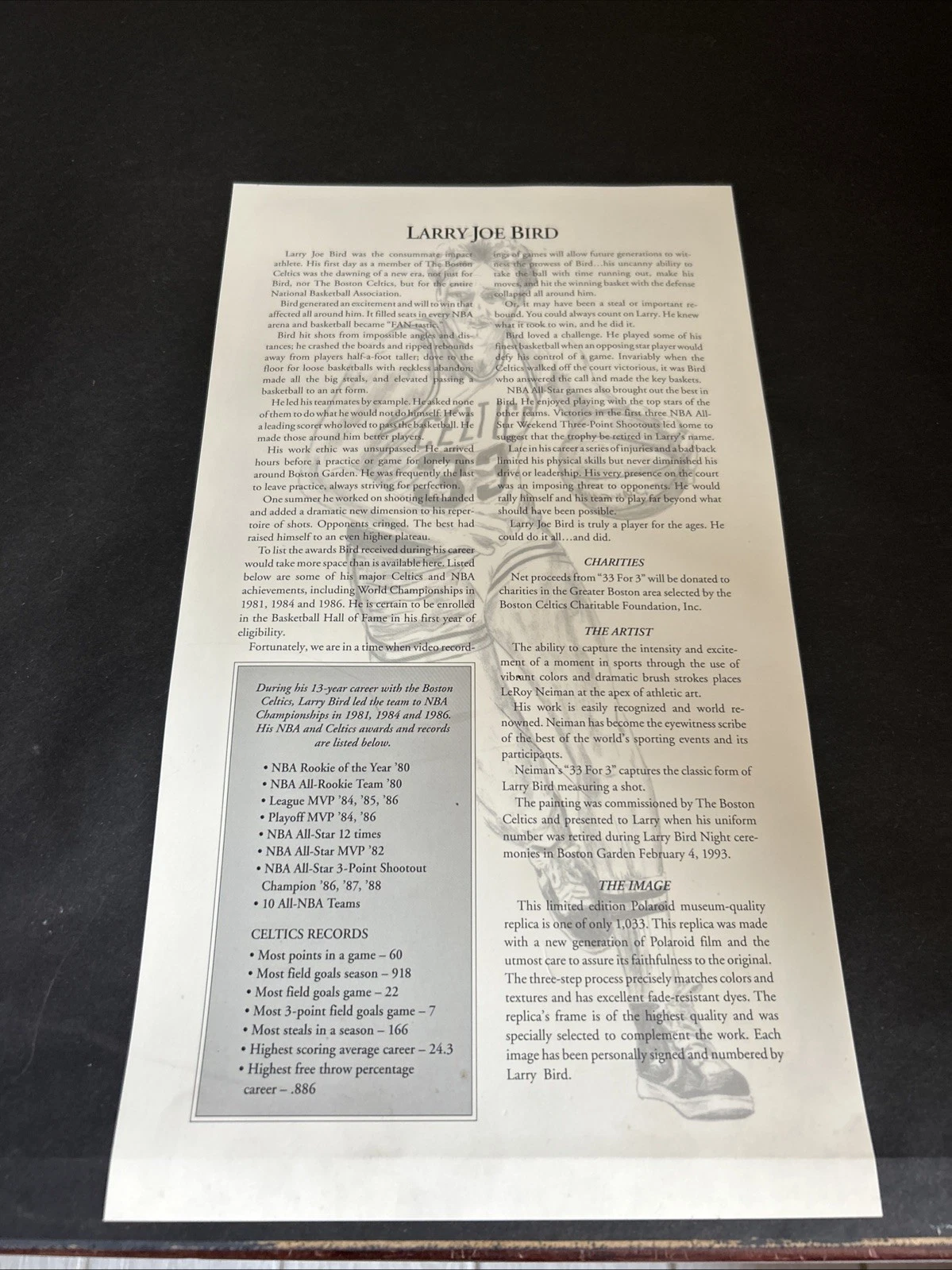 Larry Bird 33 for 3 Original Leroy Neiman Collection Hand