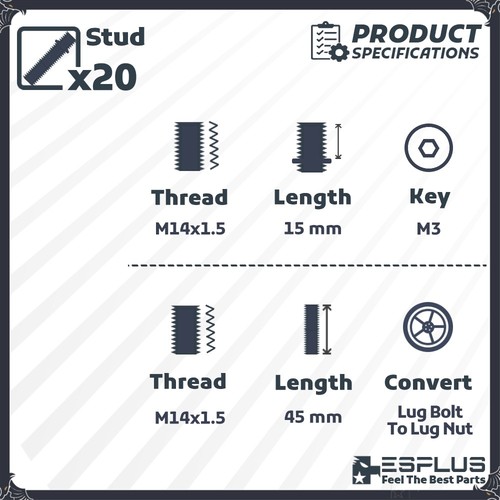 20 Volkswagen Extend Wheel Stud Convert Bolt-Nut M14x1.5 Fit Jetta/Passat/Tiguan - Picture 2 of 8