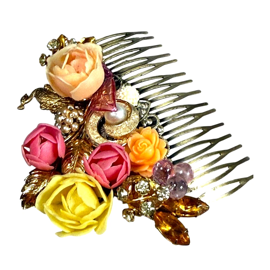 Peine de pelo floral nupcial vintage joyería de boda boho boda rosa accesorio Foto 3 de 4