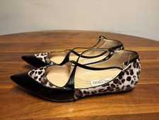 Jimmy Choo Gamble Crisscross Pointed Flats Leopard Calf Hair Patent Leather 38.5