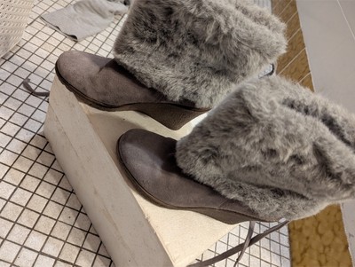 Hot Ice Damen Keilstiefeletten Grau Wildleder Fellkragen Gr. 36