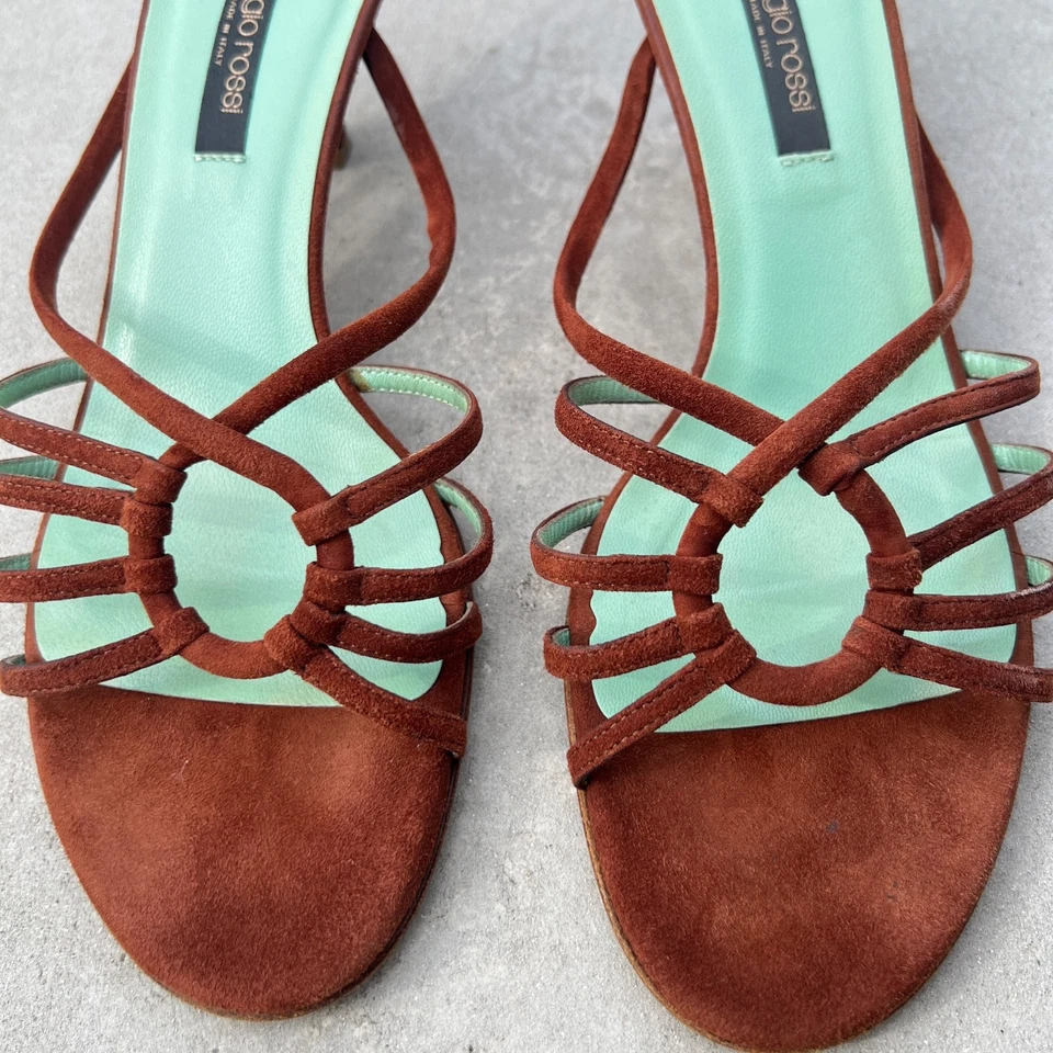 Sergio Rossi | Подлинные коричневые замшевые кожаные мулы на среднем каблуке с ремешками (37,5) - Изображение 4 из 4