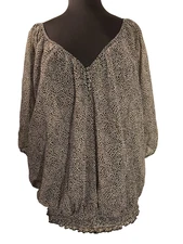 Pure Energy Blouse B&W Polka Dot SZ 2 (18/20) Dolman Sleeve Rouched Waist V Neck