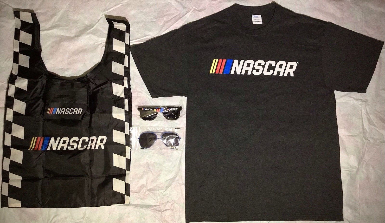 Sale! Nascar merchandise-brand new m shirt + 2 factory sealed sunglasses +go bag