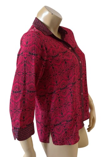 ALIA Petites Womens Size 6P Red Black Button Up Collared 3/4 Sleeve Shirt Top - Picture 3 of 8