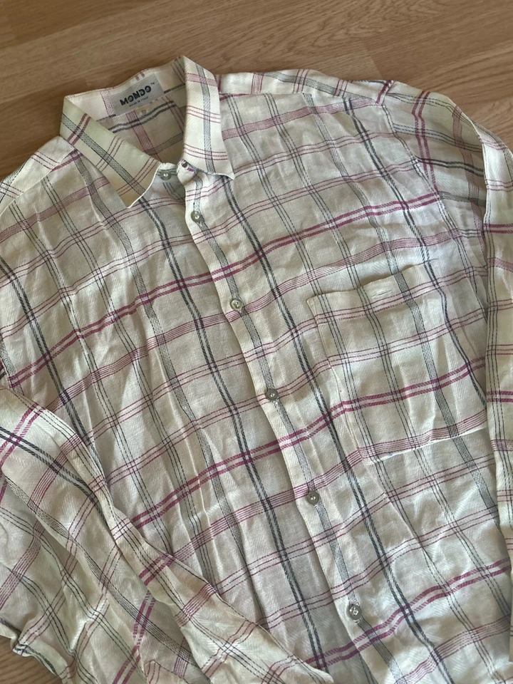 Camisa de hombre MONDO lino talla grande 52 blanca franela a cuadros manga larga abotonada Foto 2 de 4