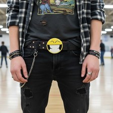 Women Belt Buckle Silver Metal Yellow Color Smiley Face Eyes Emoji Retro Cartoon