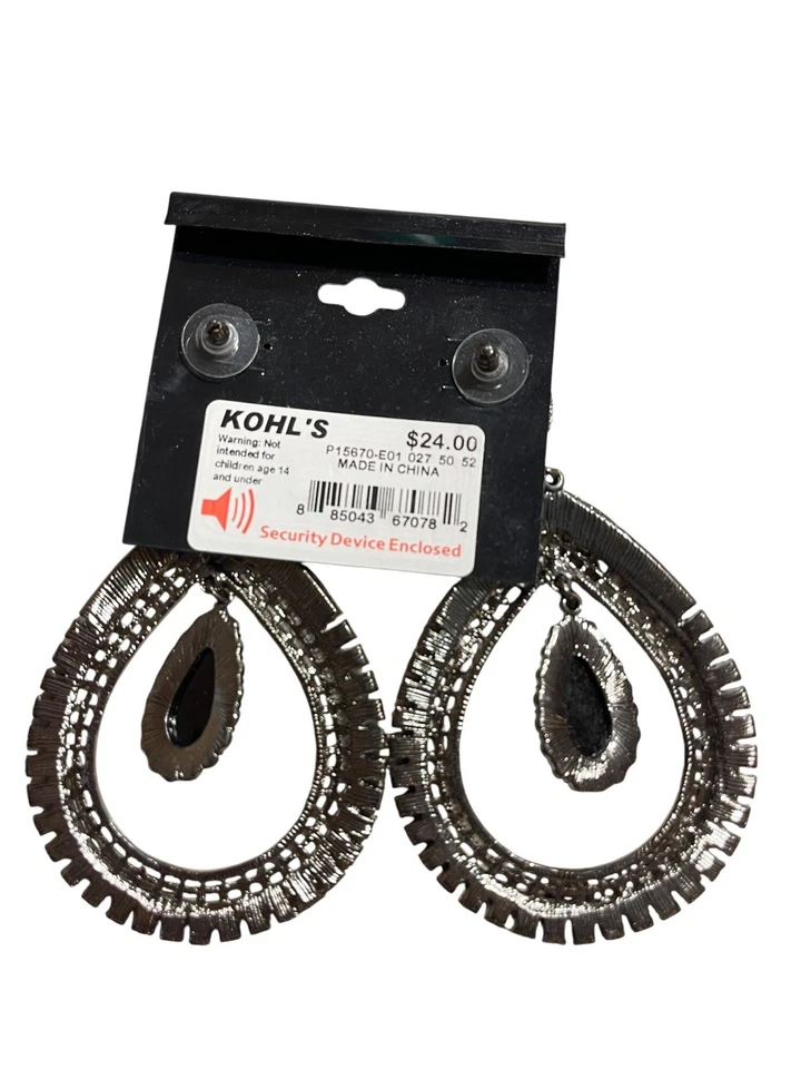 Apt.9 Black & Silver Teardrop Statement Earrings w Black Gemstone Pierced Ears - Image 4 of 4