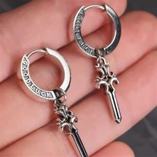 Vintage Silver Good Luck Sword Drop Earrings Fashion Men's Hoop Earrings