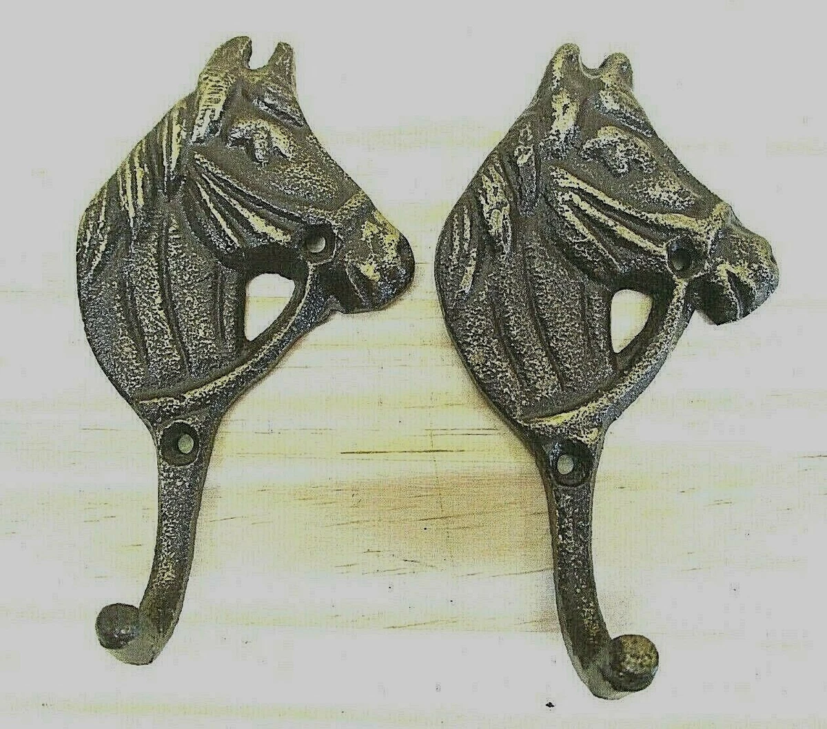 (2) HORSEHEAD WALL HOOKS, WESTERN, HAT, COAT, KEY, DRAWER KNOBS, BARN, GOLD