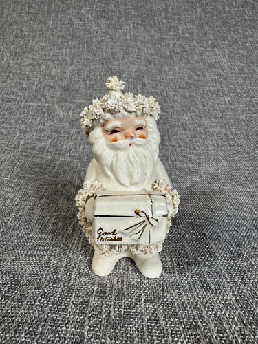 Vintage 1950s Napco White Santa Planter “Good Wishes” with Gift - Spaghetti Trim