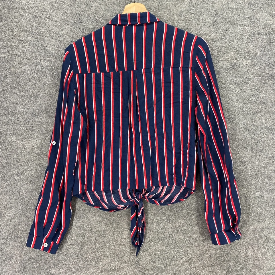 Forever 21 Shirt Womens M Blue Striped Cropped Button Up Collared Tie Front - Image 2 of 4