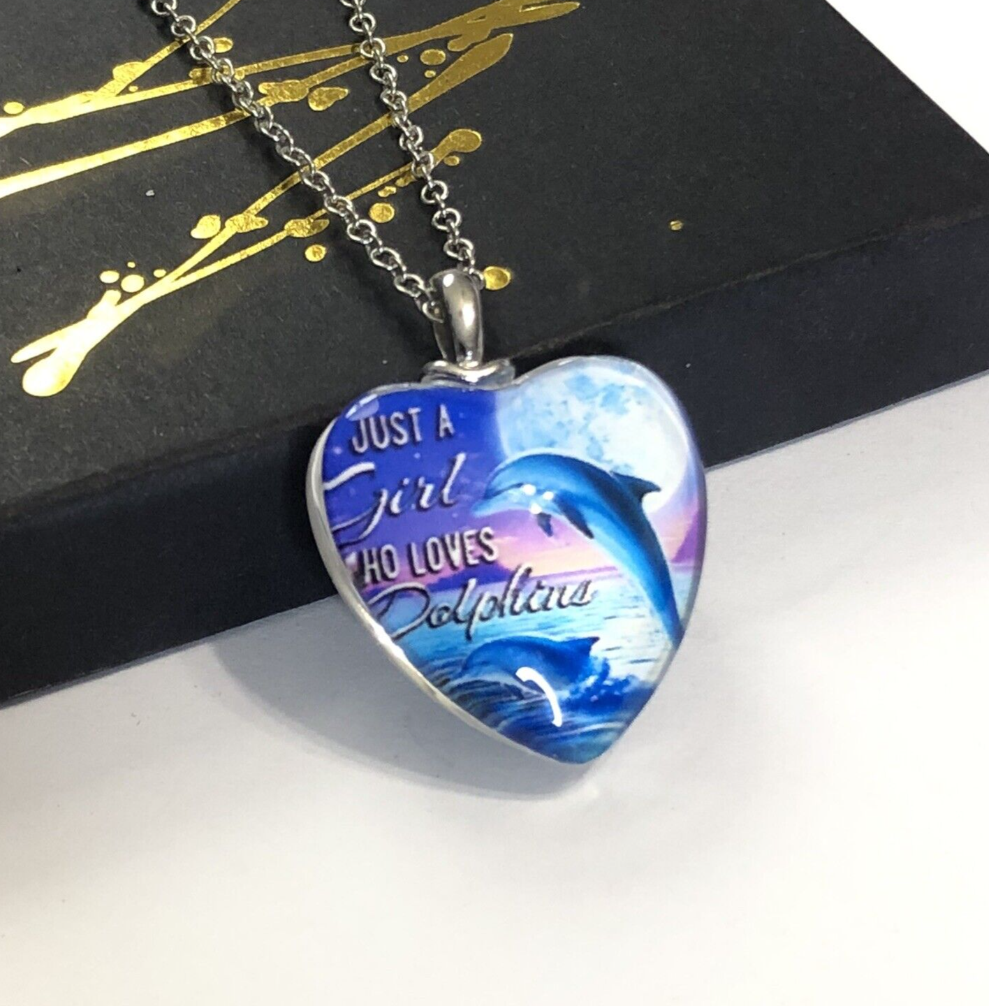 Dolphin Pattern Love Heart Crystal Pendant Necklace Jewelry Accessories