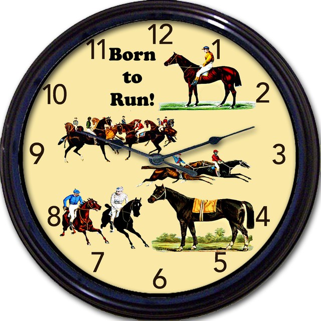 Horse Racing Wall Clock Jockey Grandstand Derby Race Track Born to Run