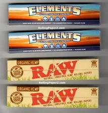 4 Pack Sampler RAW ORGANIC and ELEMENTS King Size Slim Cigarette Rolling Papers
