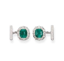Green Emerald With CZ Halo Style Cufflinks For Men's In 935 Argentium Silver