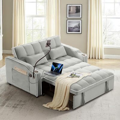 Modern Velvet Loveseat Futon Sofa Couch w/Pull out Bed USB Port Phone Holder