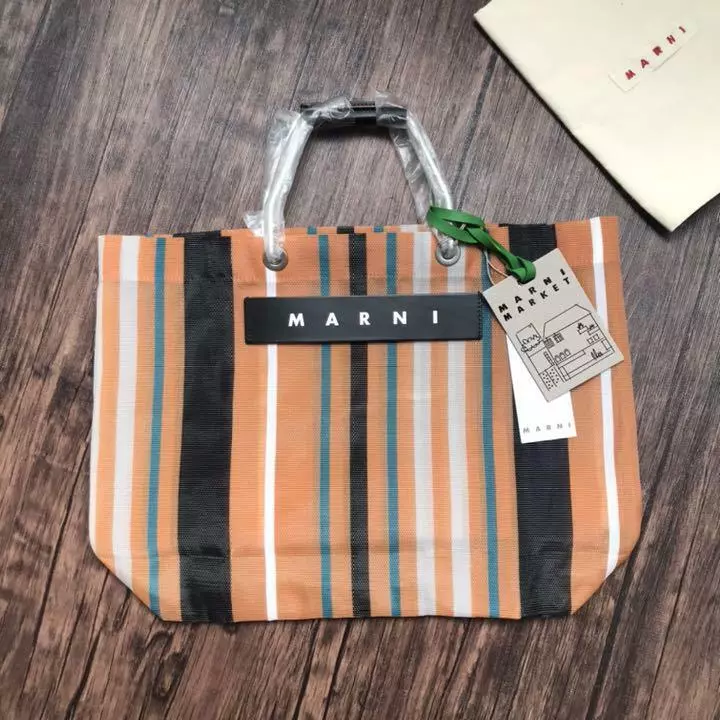 MARNI MARKET Flower Cafe Striped Bag Nylon Tote Bag Bitter Orange