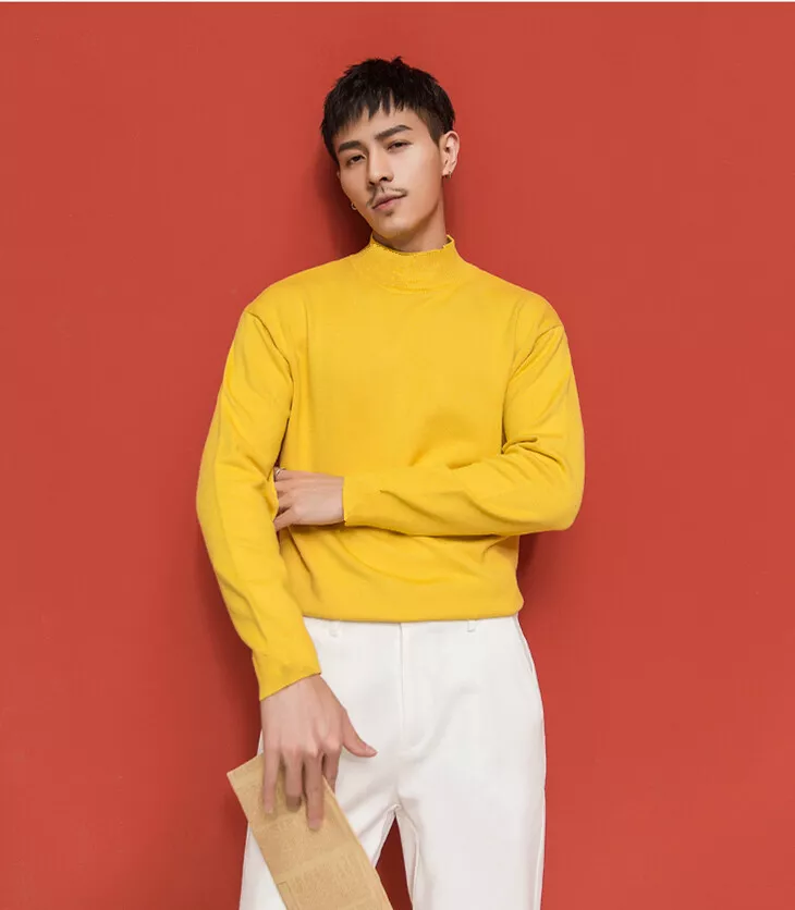 Mock Turtleneck Long Sleeve Cotton Men's Under Shirt Casual Yellow Gray  Shirt