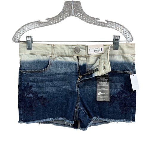 SO Girls Jean Shorts Shortie Dip Dye Floral Embroidered Raw Hem Mid Rise Sz 16 - Picture 3 of 6