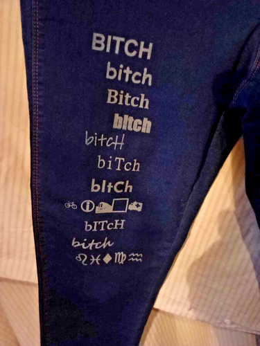 upcycled KHOKO JEANS size 12, laser etched bitch