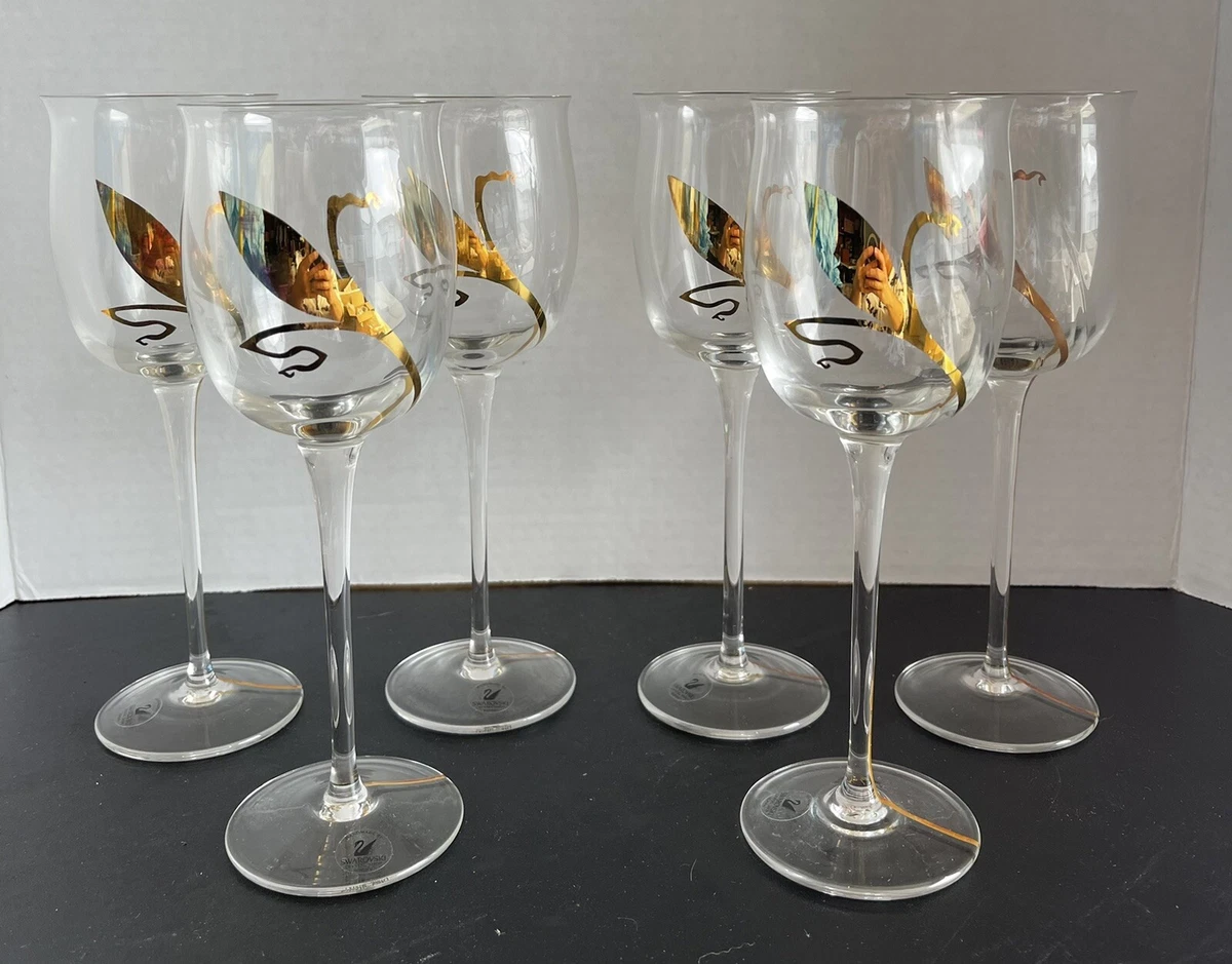 6 Swarovski Crystal Wine Glasses Gold Flower Design