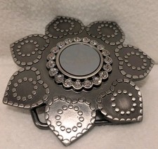 Gunmetal Flower Women's Belt Buckle With Rhinestones and Black Enamel
