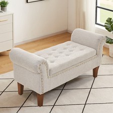 Linen Upholstered Arm Bench Ottoman Storage Stool Bed End Window Seat Bedroom