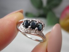 Vintage 9kt White Gold & Sapphire Trilogy Ring Sz 6 with Accent Diamonds