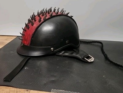 Spiked Novelty Motorcycle Helmet Red Leather Spikes And Braind
