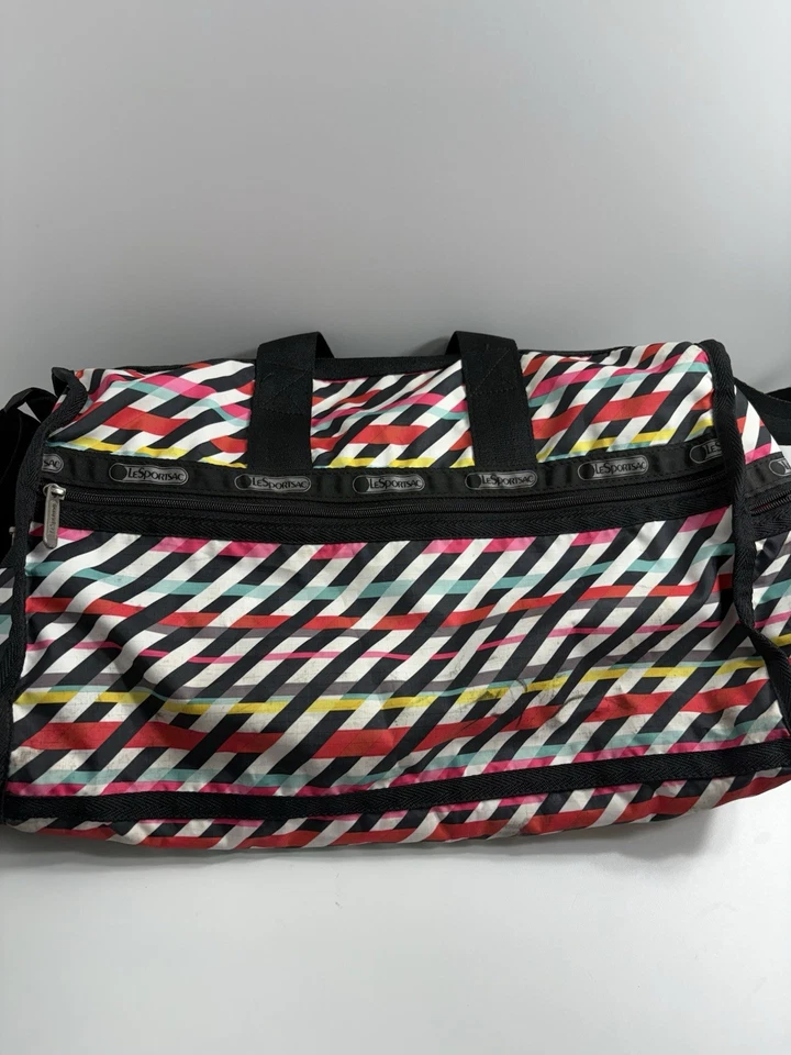 Bolsa tote LeSportsac grande linhas diagonais link vermelho verde amarelo vários bolsos - Imagem 4 de 4