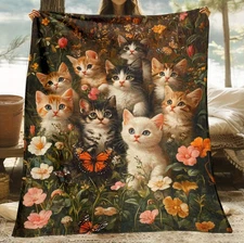 Cats in the Flower Bed Print Fleece Blanket - Vintage Cozy Flannel Throw Blanket