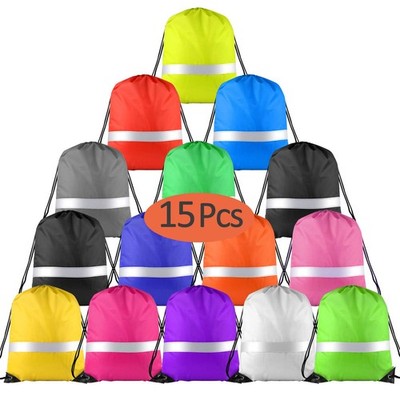 KUUQA 15 Pack Drawstring Backpack Bag Bulk Reflective Backpack String Bags Ci...