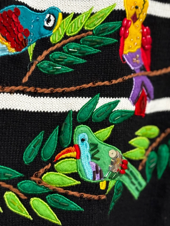 Suéter Top Mujer Terrazo Cuentas Bordado Loro Pájaro Manga Corta Botón XL Foto 4 de 4