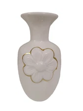 White Vase 6"x3" with a Raised Flower Outlined in Gold, NEW