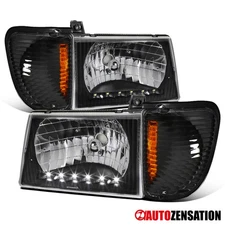 Fits 1992-2007 Ford Econoline Van Black LED Headlights+Corner Parking Lamp+Amber