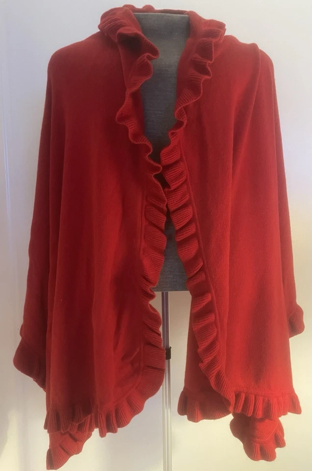 Heavyweight Red Ruffled Cashmere Wrap Shawl 19 oz 29x76 Winter Travel Luxury - Image 2 of 4