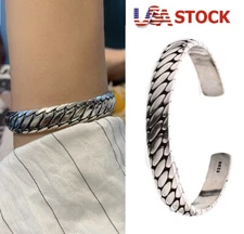 925 Silver Retro Elegant Cuff Bangle Vintage Minimalist Women Bracelet Gift USA