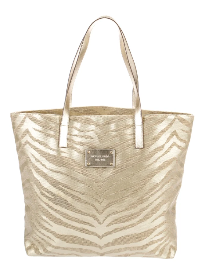 Michael Kors Metallic Gold Zebra Print Open Top Canvas Shoulder Tote Bag Purse