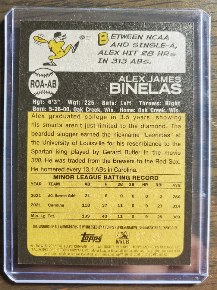 2022 Topps Heritage Minor League Alex Binelas Blue Real One Prospect Auto #/99 - Image 2 of 2