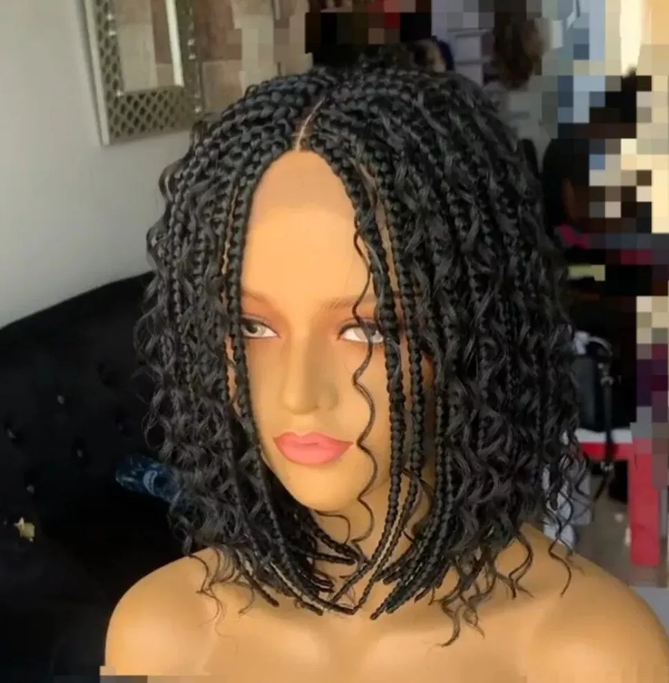 Short Box Braided Bob Wig for Black Women 14inch Curly Goddess Box