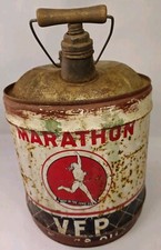 Vintage 5 Gallon Marathon V.E.P. Motor Oil Can Wooden Handle Running Man Logo