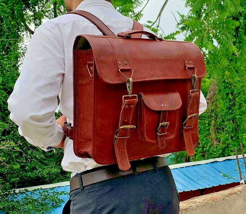 Bolso Mensajero De Cuero Vintage Hecho A Mano Convertible En Mochila Para Laptop