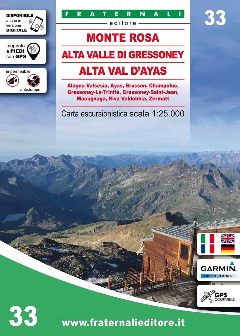 Carta n° 33 - Monte Rosa - Alta Valle di Gressoney - Alta Val d'Ayas. Carta escu