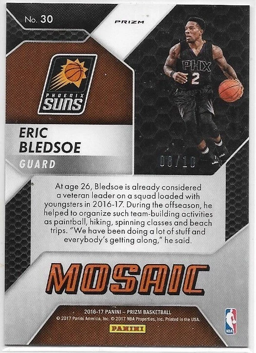 2016-17 Panini Mosaic ERIC BLEDSOE No.30 Gold Prizm Parallel #'d 08/10 - Image 2 of 2