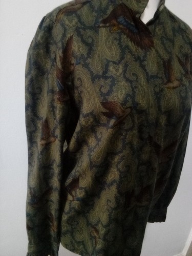 Cheyne Cotton Ruffle Collar Green Paisley Duck Pattern Shirt Size L Vintage - Picture 4 of 12