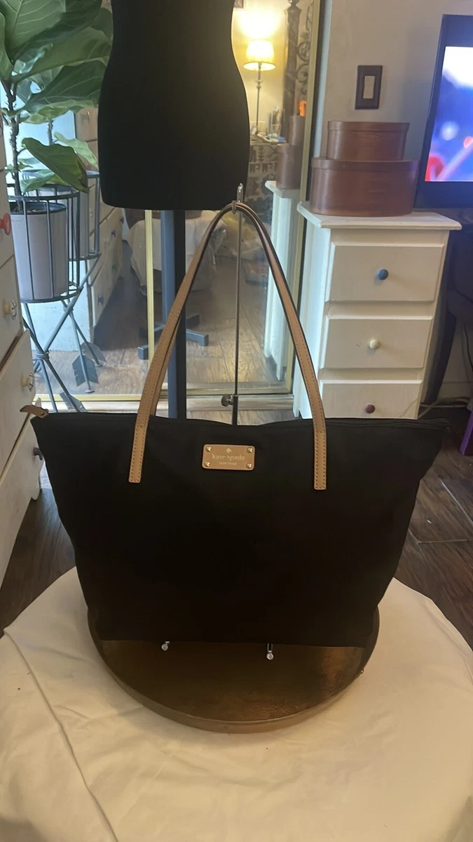 Kate Spade Black Nylon Tote Bag With Tan Leather Handles And Plaque