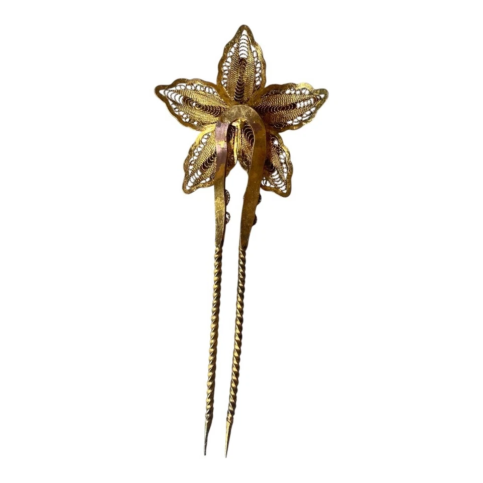Antigo pente de prendedor de cabelo filigrana floral folheado a ouro 5,5" flor glam dourada real - Imagem 3 de 4