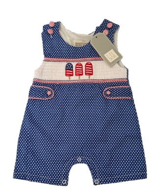 LIL CACTUS NWT Shortall Jon Jon Smocked Flag Popsicle 4th July Red Blue Star $32