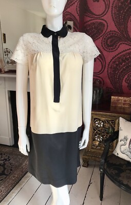 MAX MARA WEEKEND Ivory & Black Silk Shift Dress With Ivory Lace Size XS/S EU 38